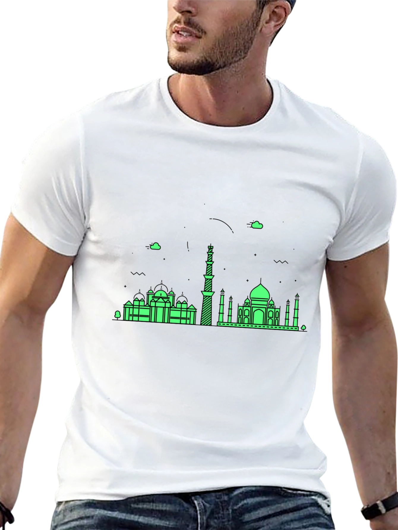 Black T-Shirt with Green City Skyline Design
