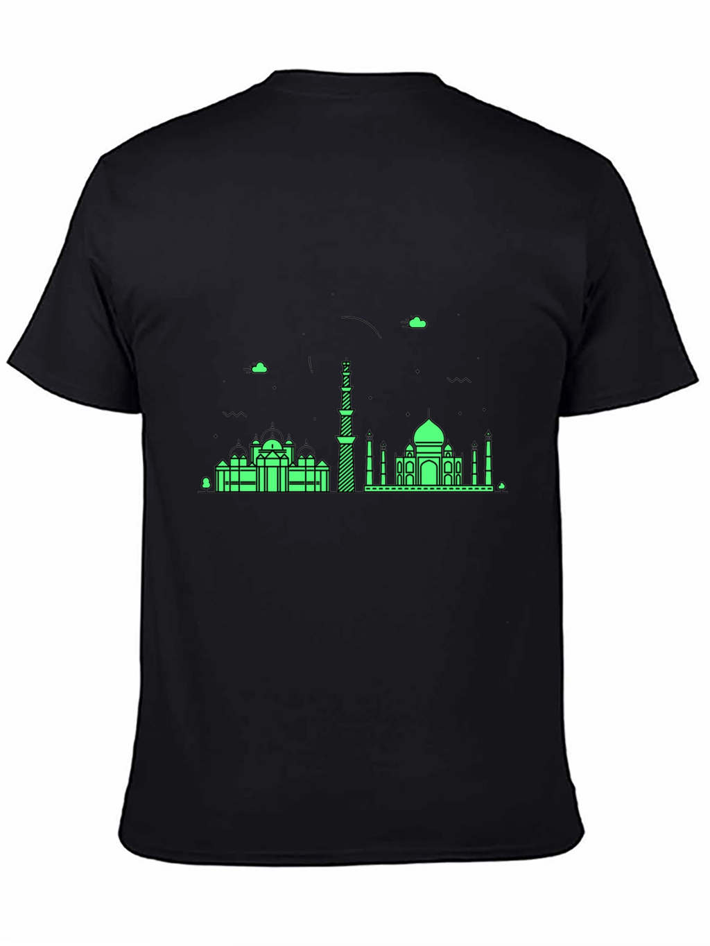 Black T-Shirt with Green City Skyline Design
