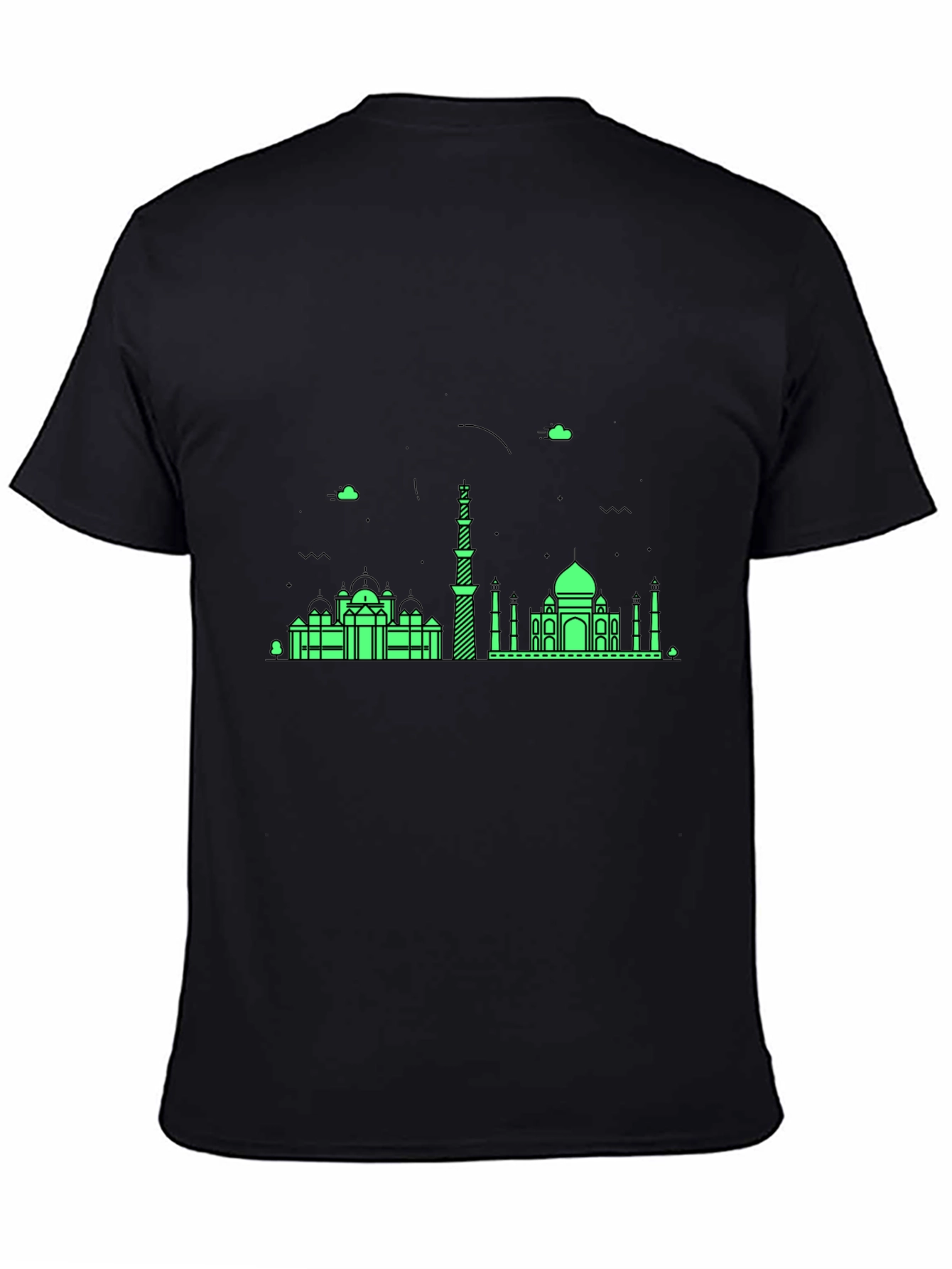Black T-Shirt with Green City Skyline Design
