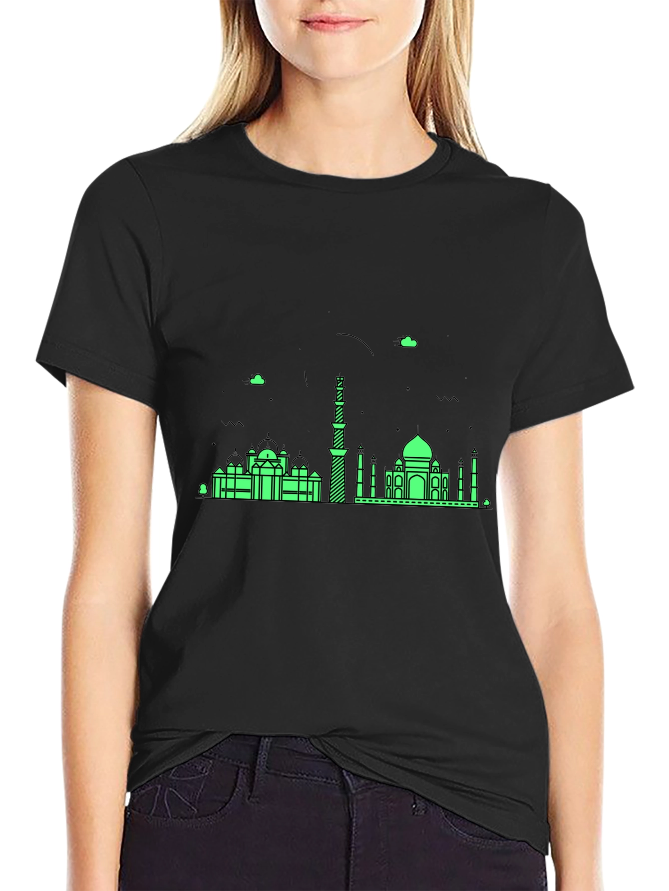 Black T-Shirt with Green City Skyline Design