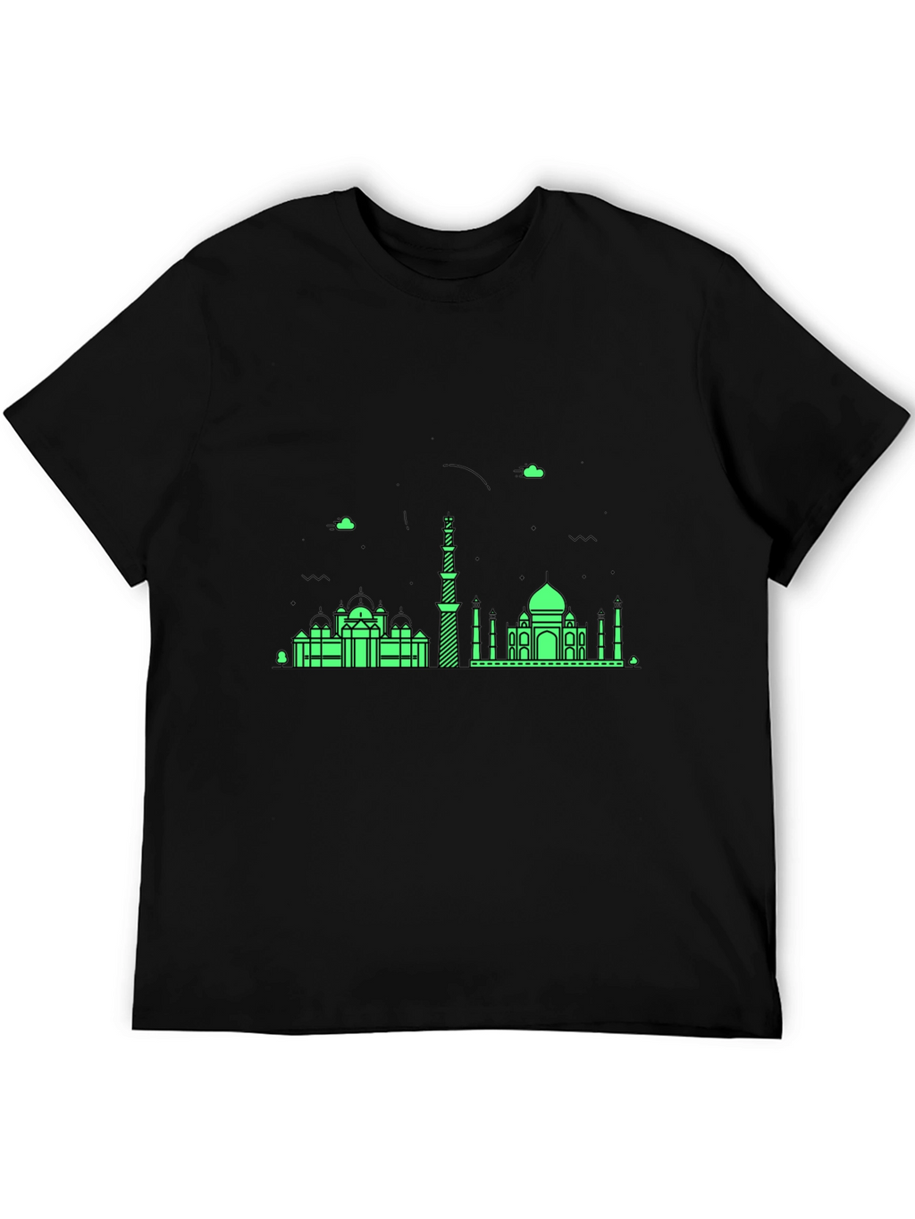 Black T-Shirt with Green City Skyline Design