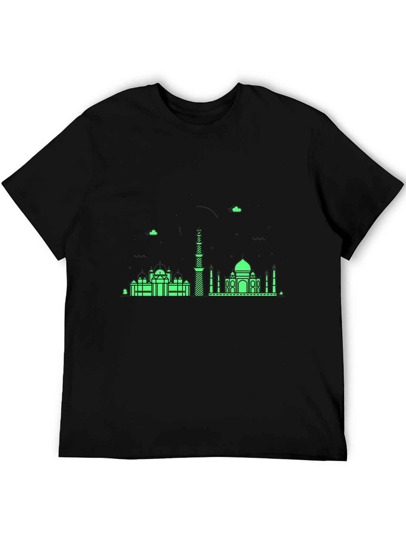 Black T-Shirt with Green City Skyline Design