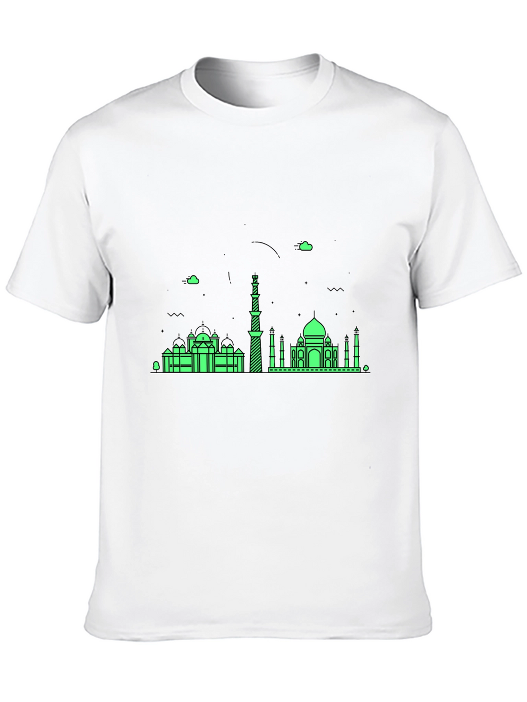 Black T-Shirt with Green City Skyline Design