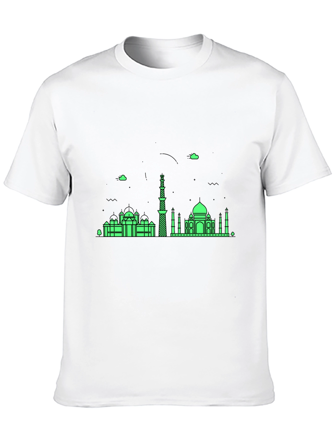 Black T-Shirt with Green City Skyline Design
