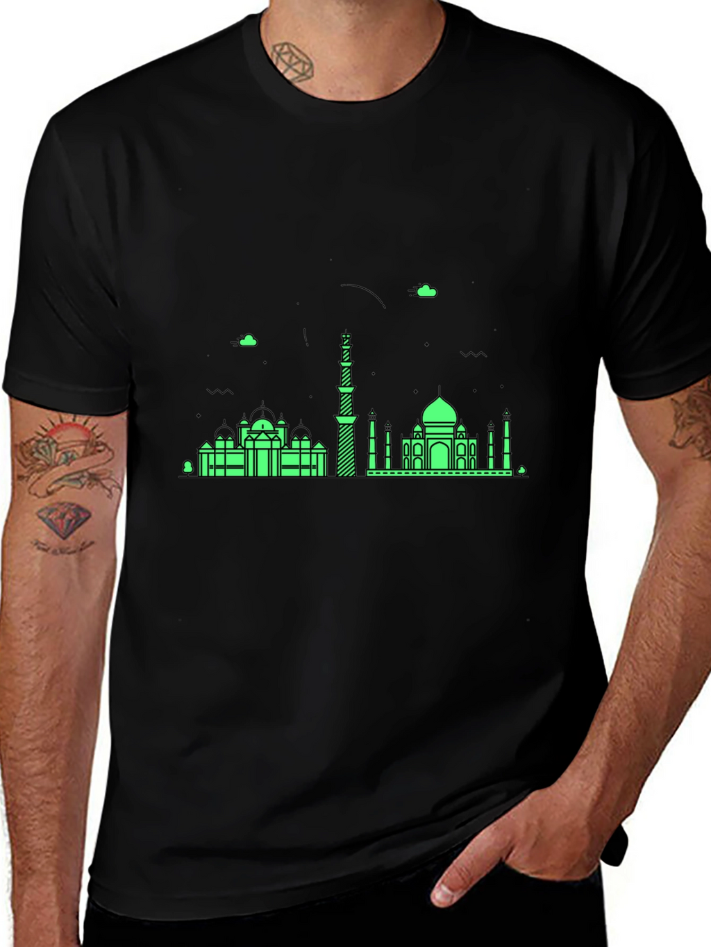 Black T-Shirt with Green City Skyline Design