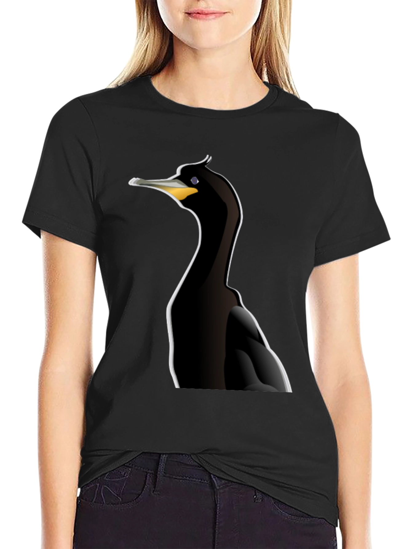 Cormorant Bird Graphic Tee - Black Cotton T-Shirt