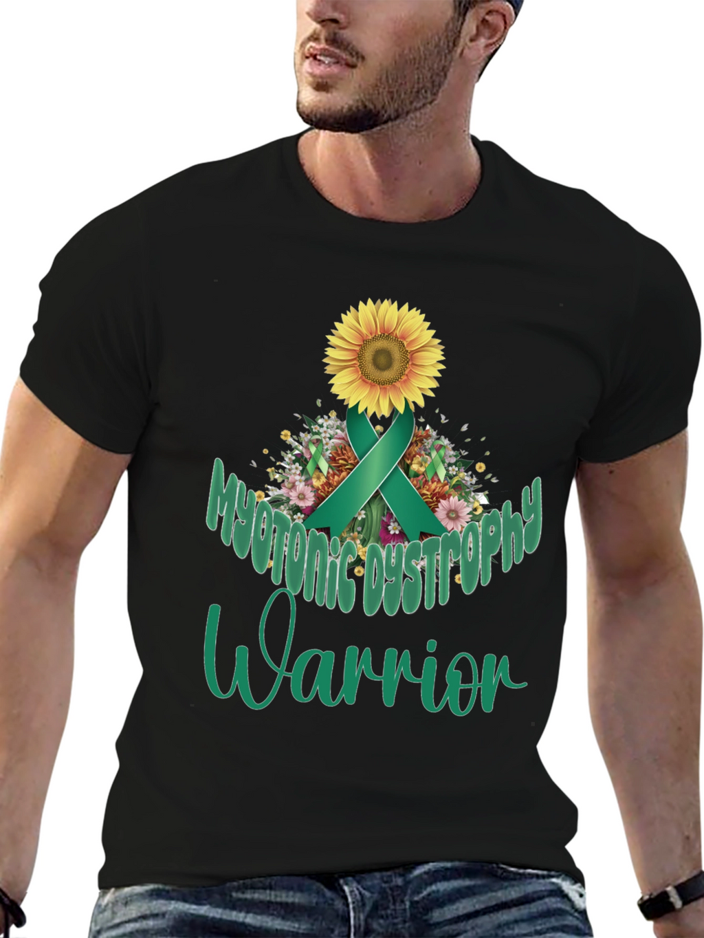 Myotonic Dystrophy Warrior T-Shirt - Teal Ribbon Sunflower