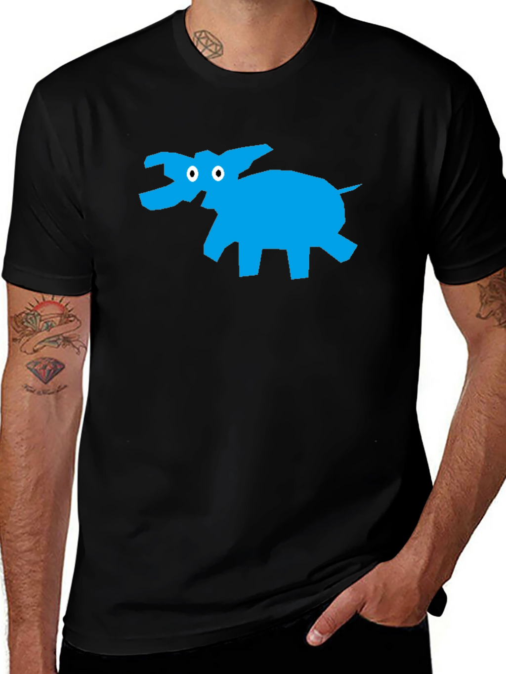 Black T-Shirt with Abstract Blue Elephant Design