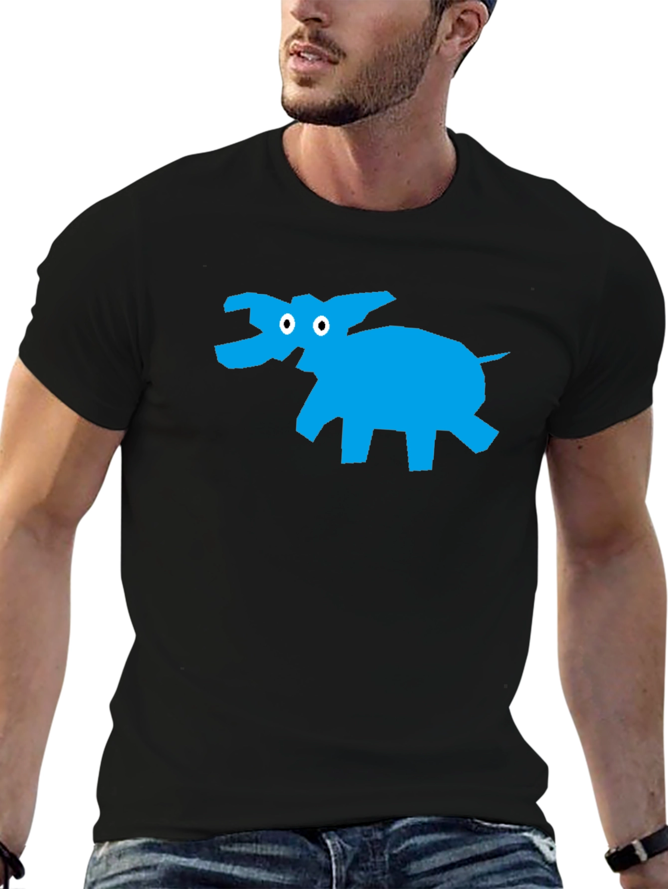 Black T-Shirt with Abstract Blue Elephant Design