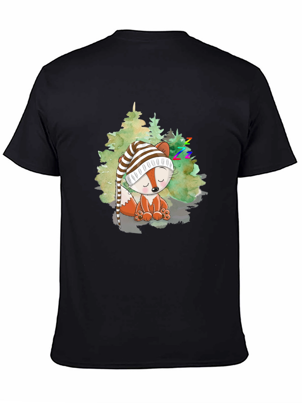 Cute Fox Sleeping in Woods Black T-Shirt