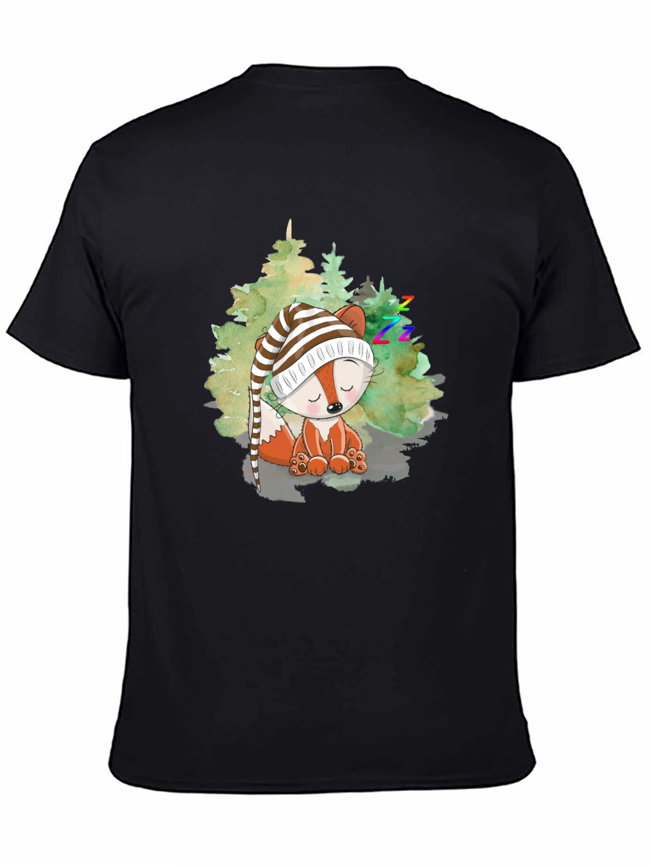 Cute Fox Sleeping in Woods Black T-Shirt