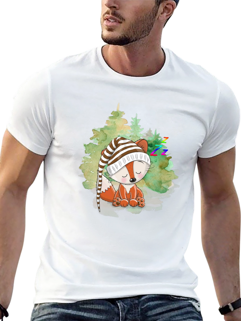 Cute Fox Sleeping in Woods Black T-Shirt
