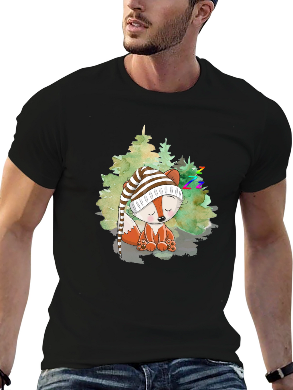 Cute Fox Sleeping in Woods Black T-Shirt