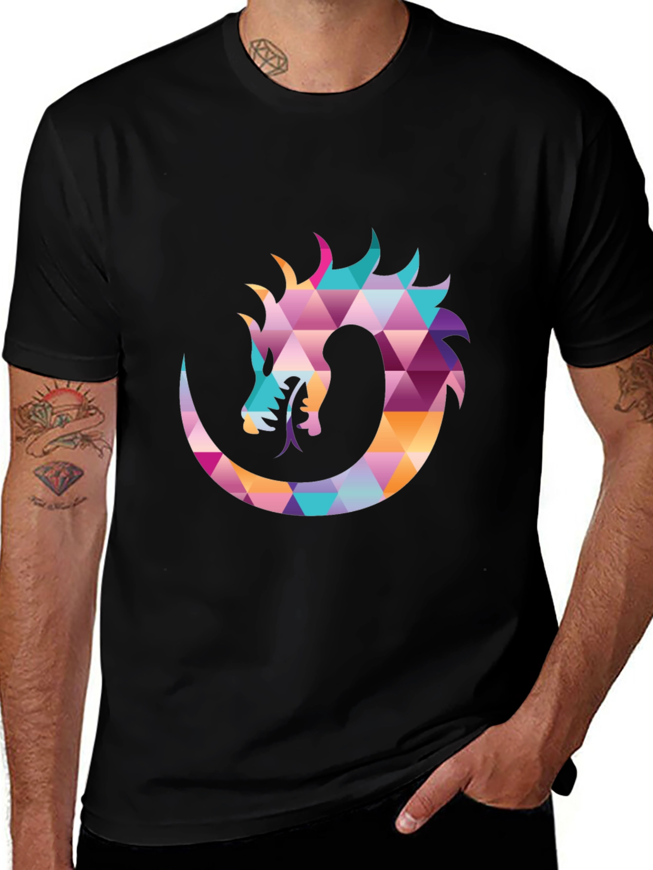 Geometric Dragon Print Black T-Shirt