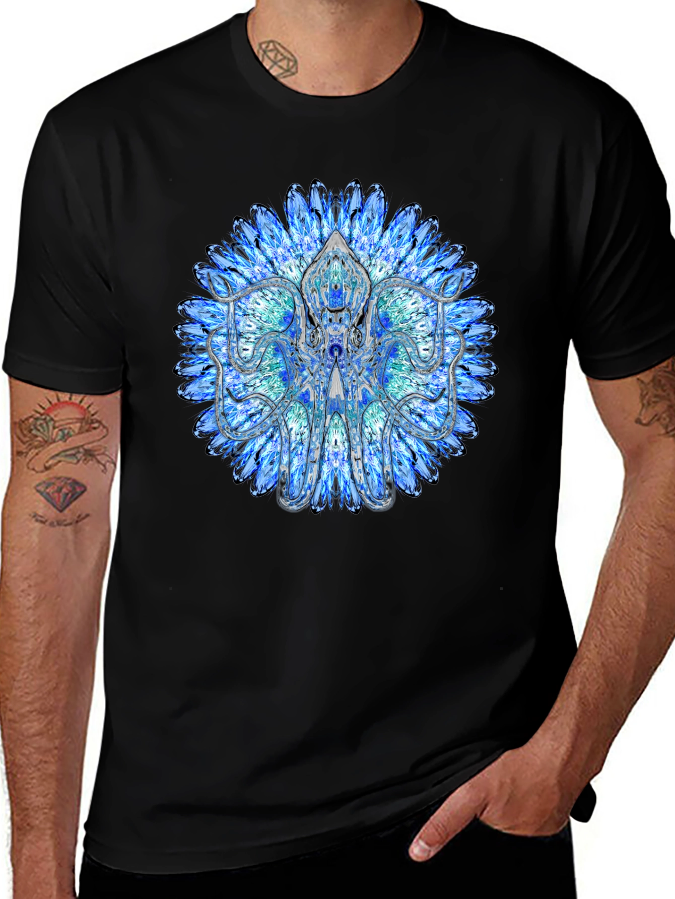 Blue Mandala Octopus Graphic Tee - Stylish Black T-Shirt