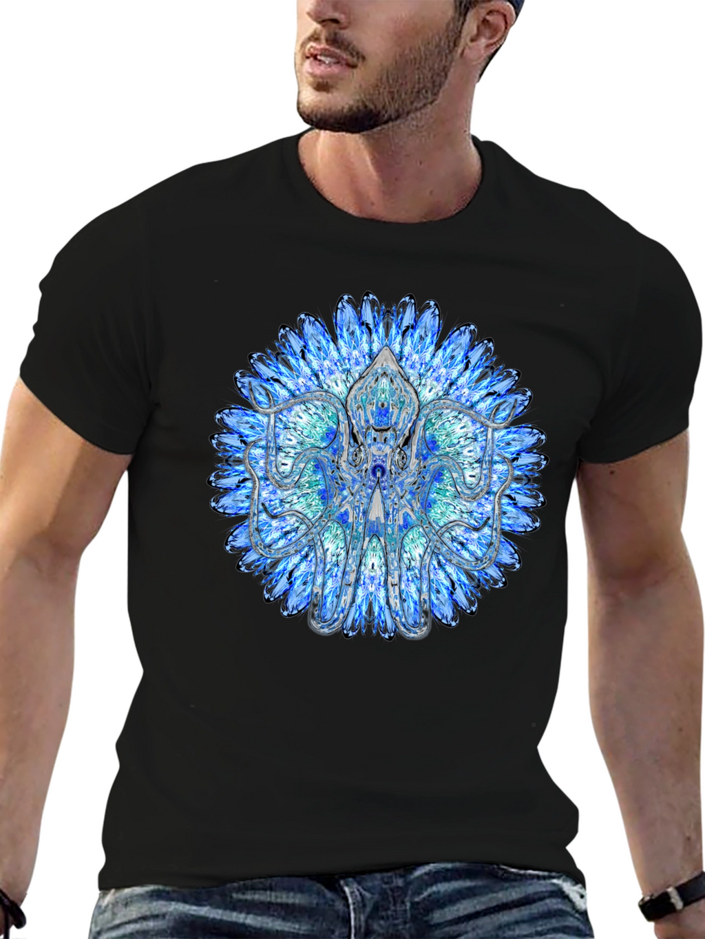 Blue Mandala Octopus Graphic Tee - Stylish Black T-Shirt