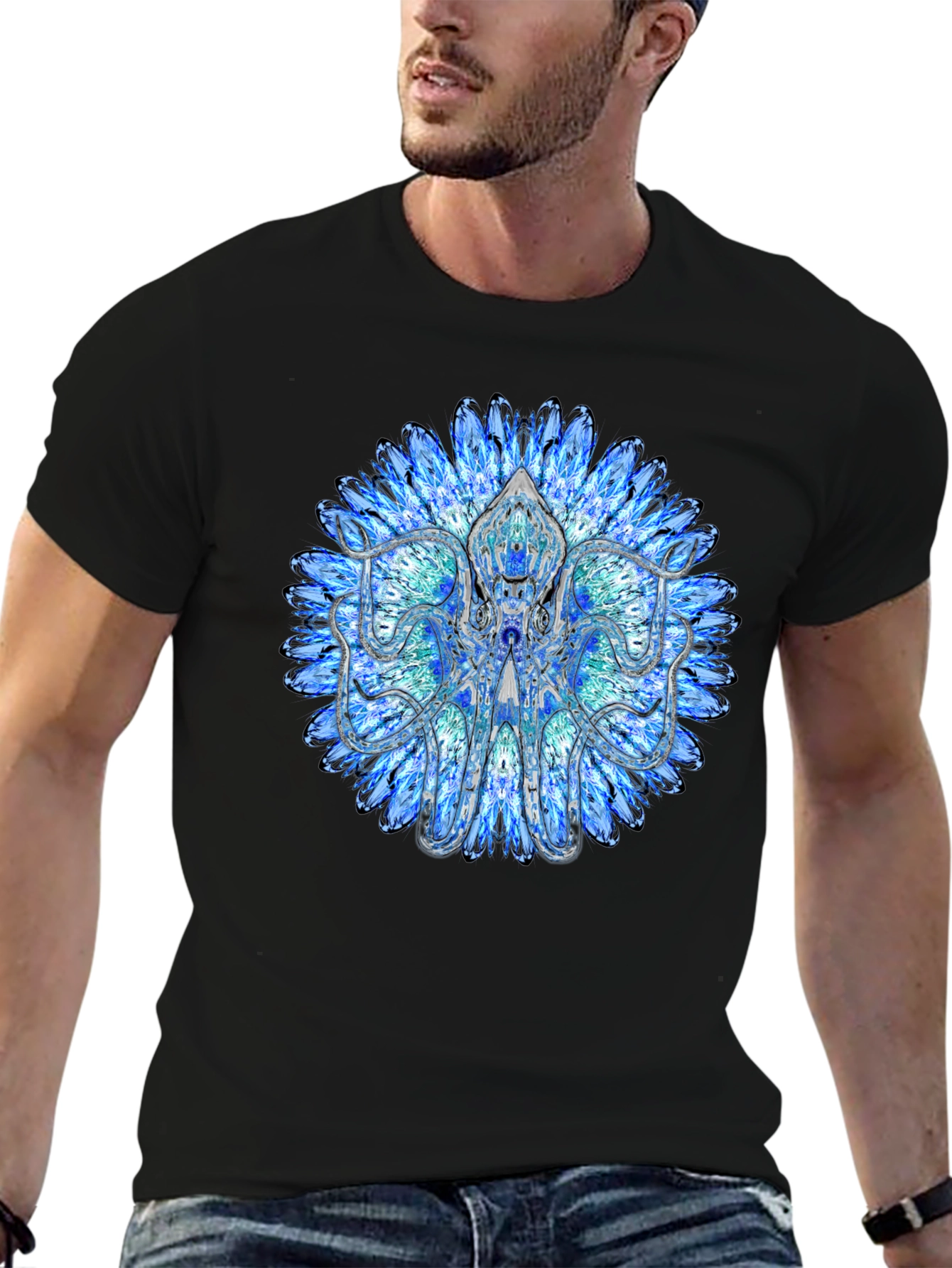 Blue Mandala Octopus Graphic Tee - Stylish Black T-Shirt