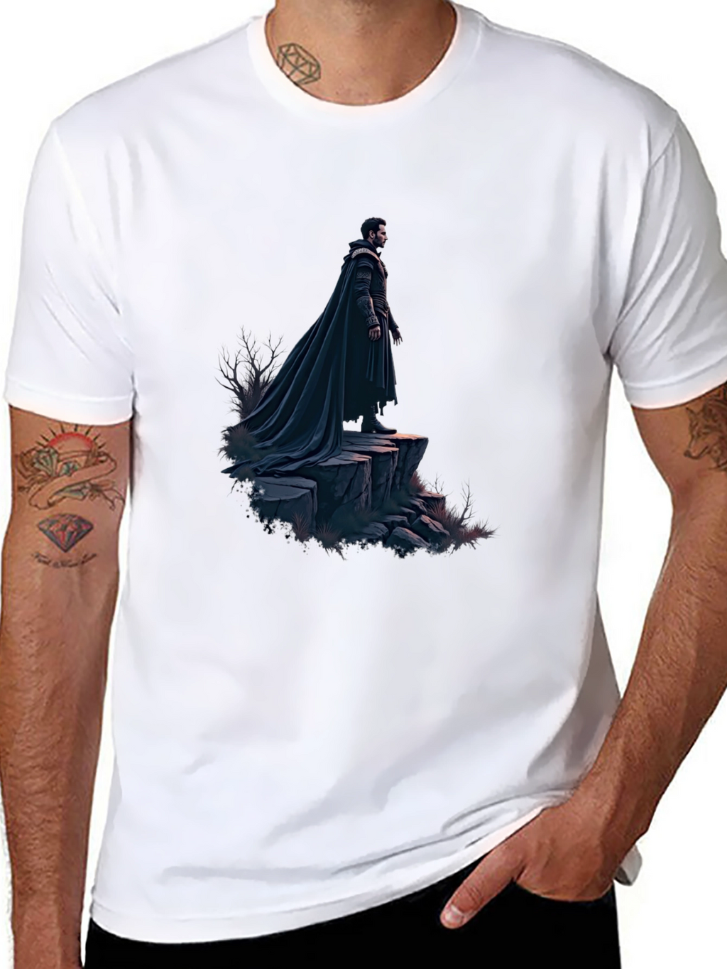 Black T-Shirt with Dramatic Cloaked Figure Graphic