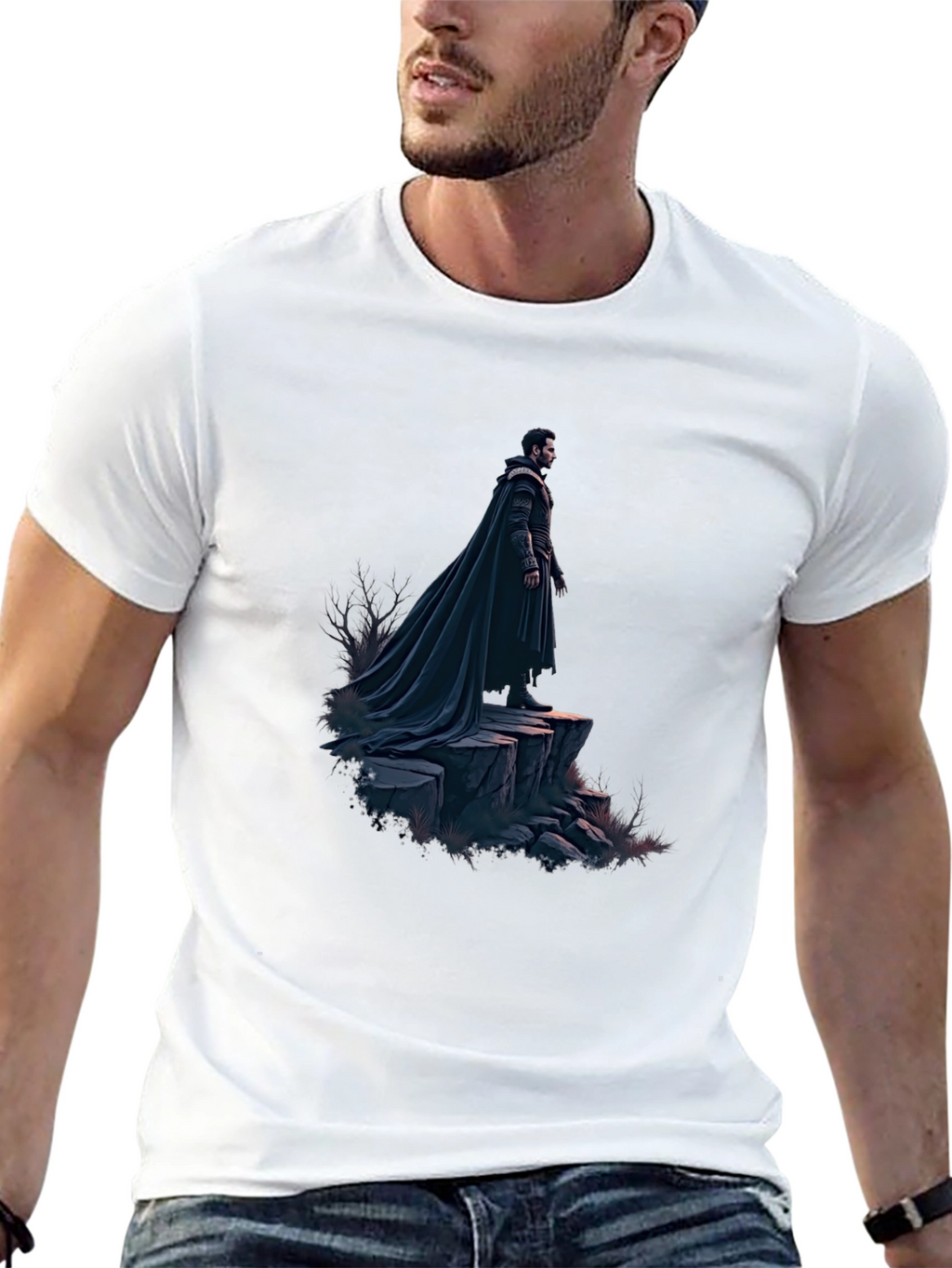 Black T-Shirt with Dramatic Cloaked Figure Graphic