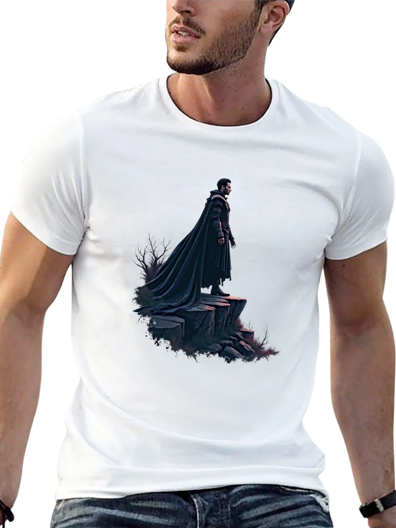 Black T-Shirt with Dramatic Cloaked Figure Graphic