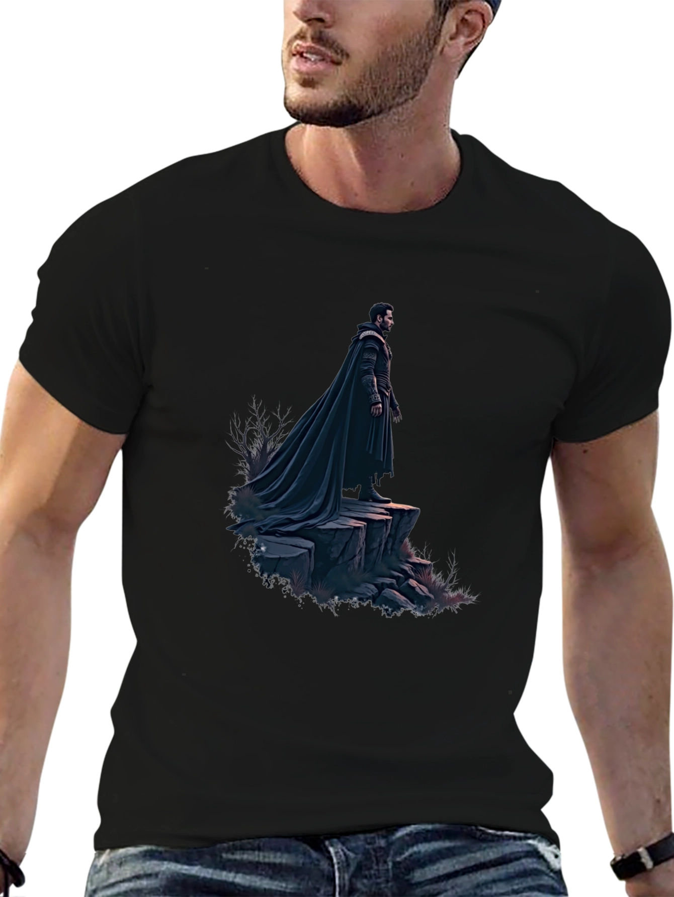 Black T-Shirt with Dramatic Cloaked Figure Graphic