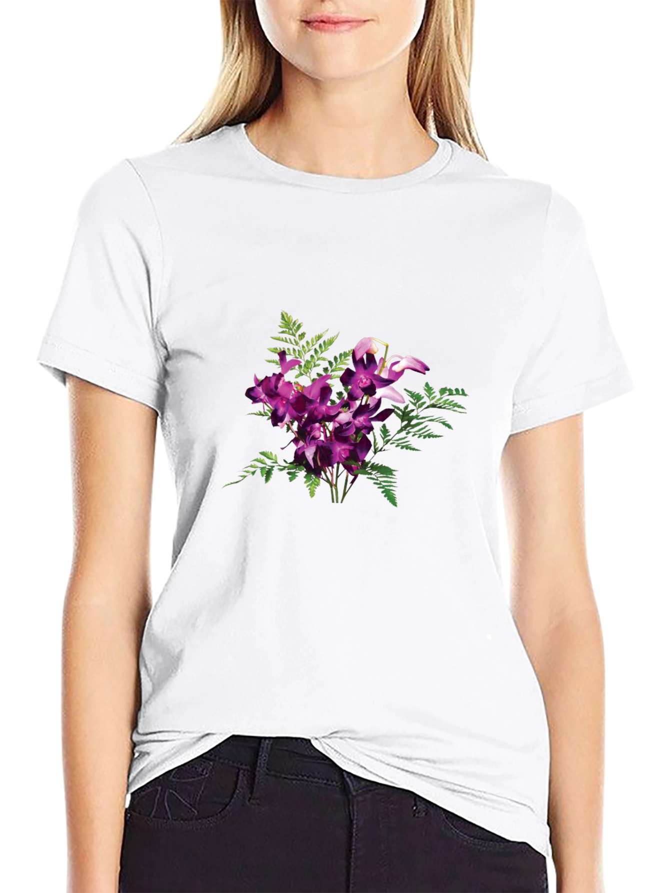 Floral Orchid Graphic Tee - Black Cotton Comfort