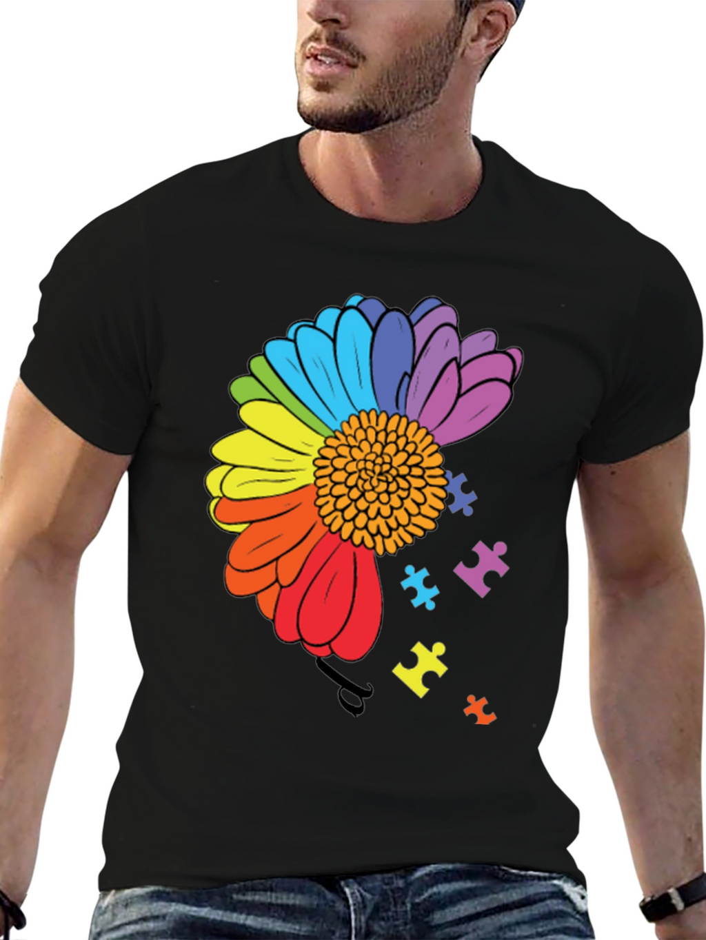 Autism Awareness Rainbow Flower Puzzle T-Shirt