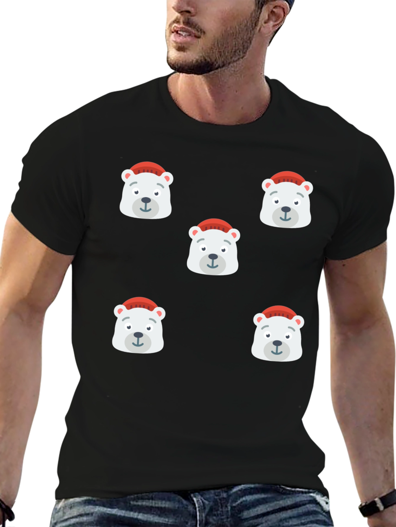 Festive Polar Bear Graphic Tee - Black