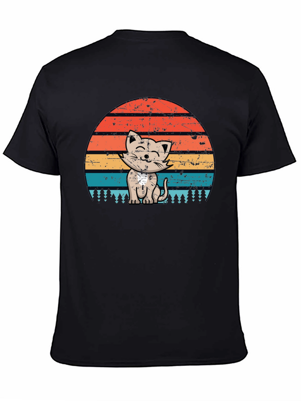 Retro Cat Sunset Graphic Tee - Black