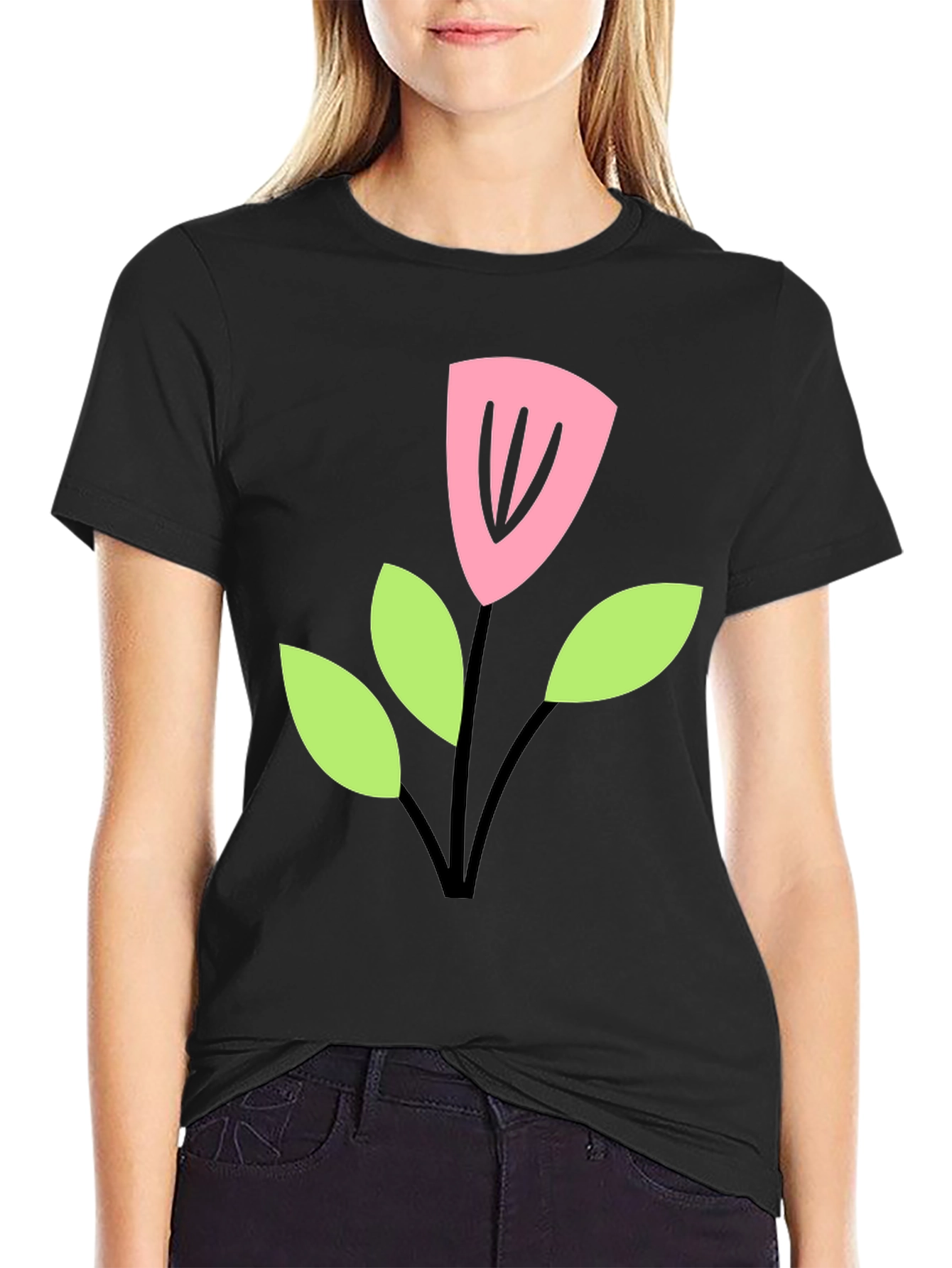 Black T-Shirt with Cartoon Flower Design