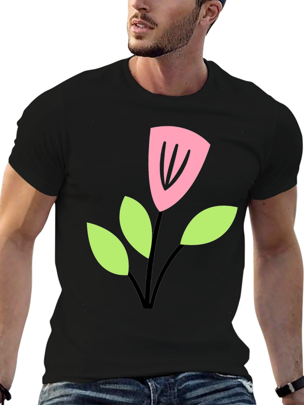 Black T-Shirt with Cartoon Flower Design