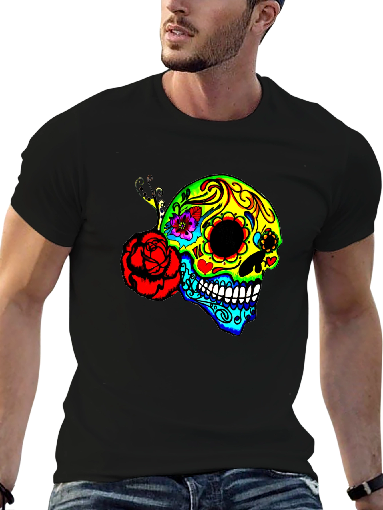 Vibrant Sugar Skull Graphic Tee - Day of the Dead Style