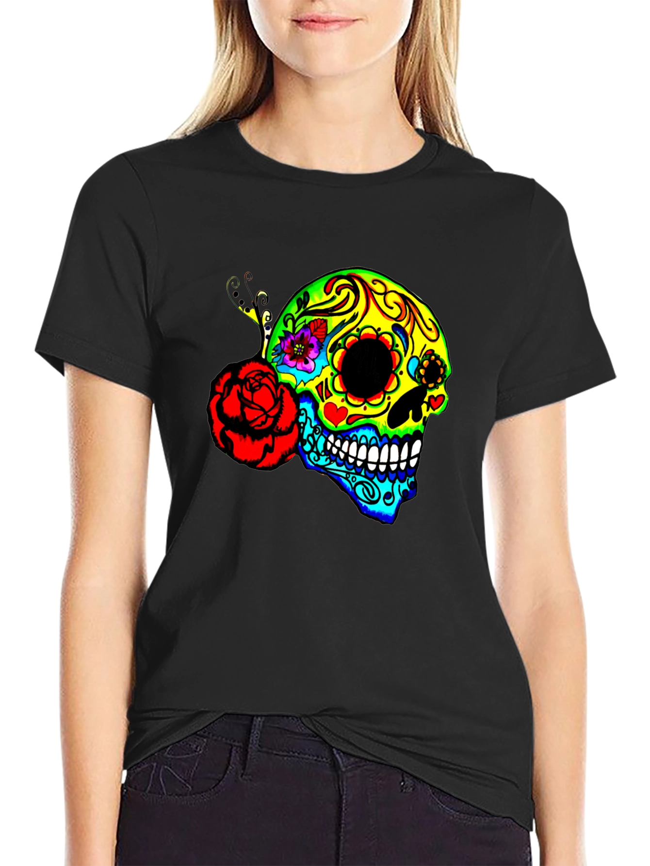 Vibrant Sugar Skull Graphic Tee - Day of the Dead Style