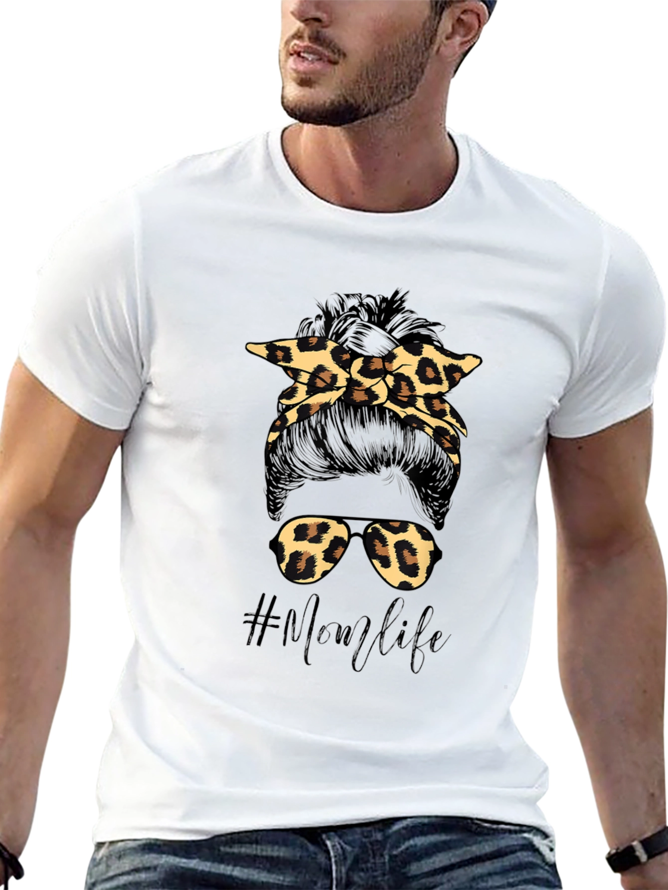 Mom Life Messy Bun Leopard Print T-Shirt