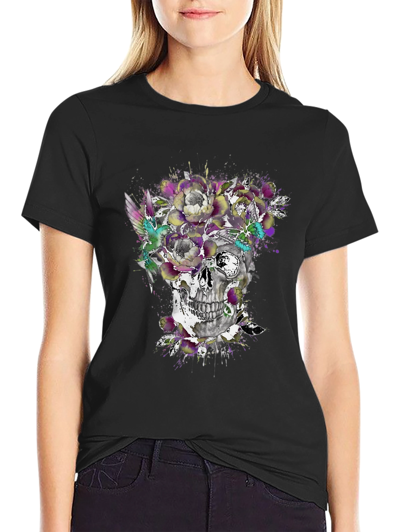 Skull & Floral Graphic Tee - Mens Black T-Shirt