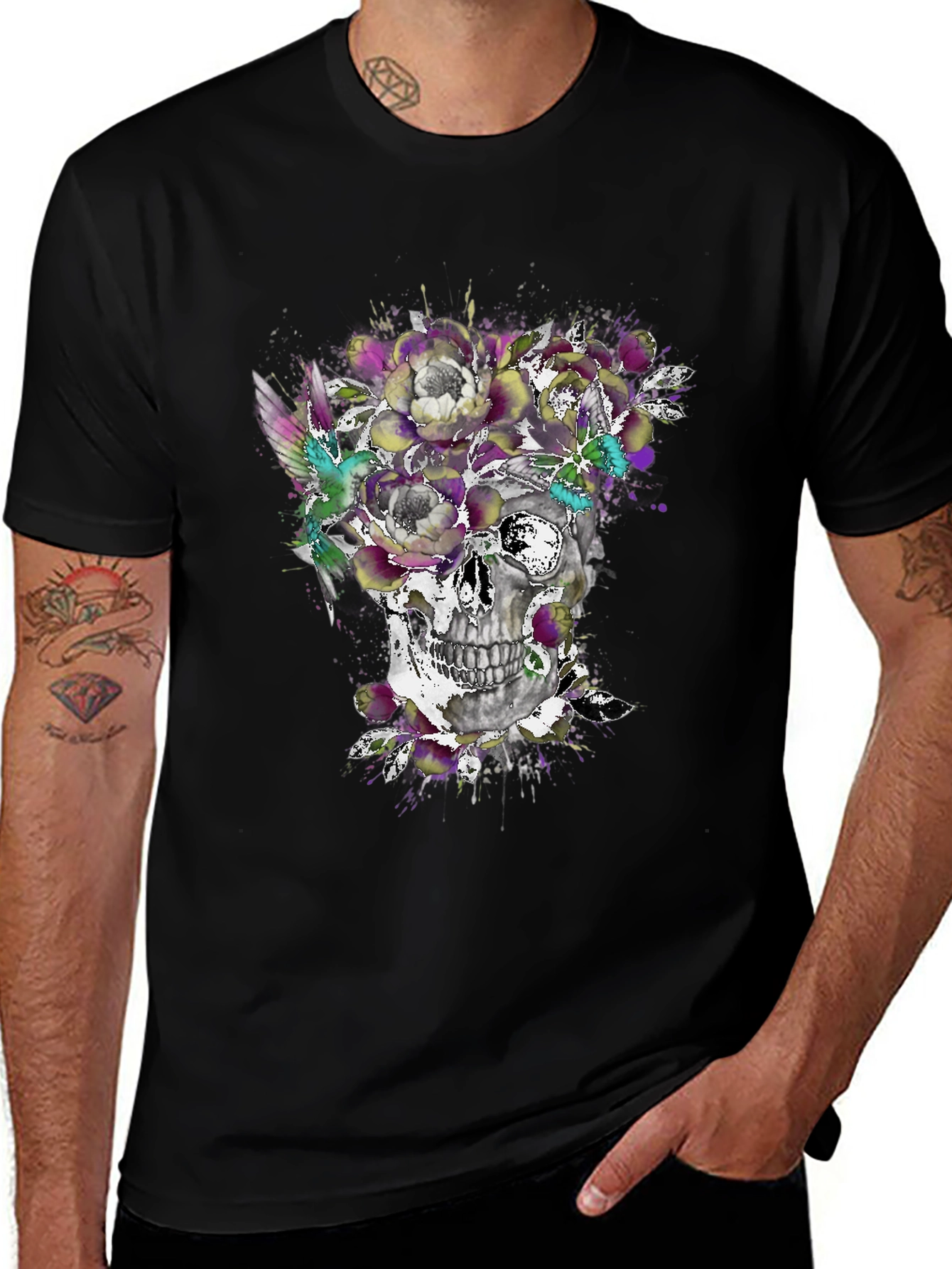 Skull & Floral Graphic Tee - Mens Black T-Shirt