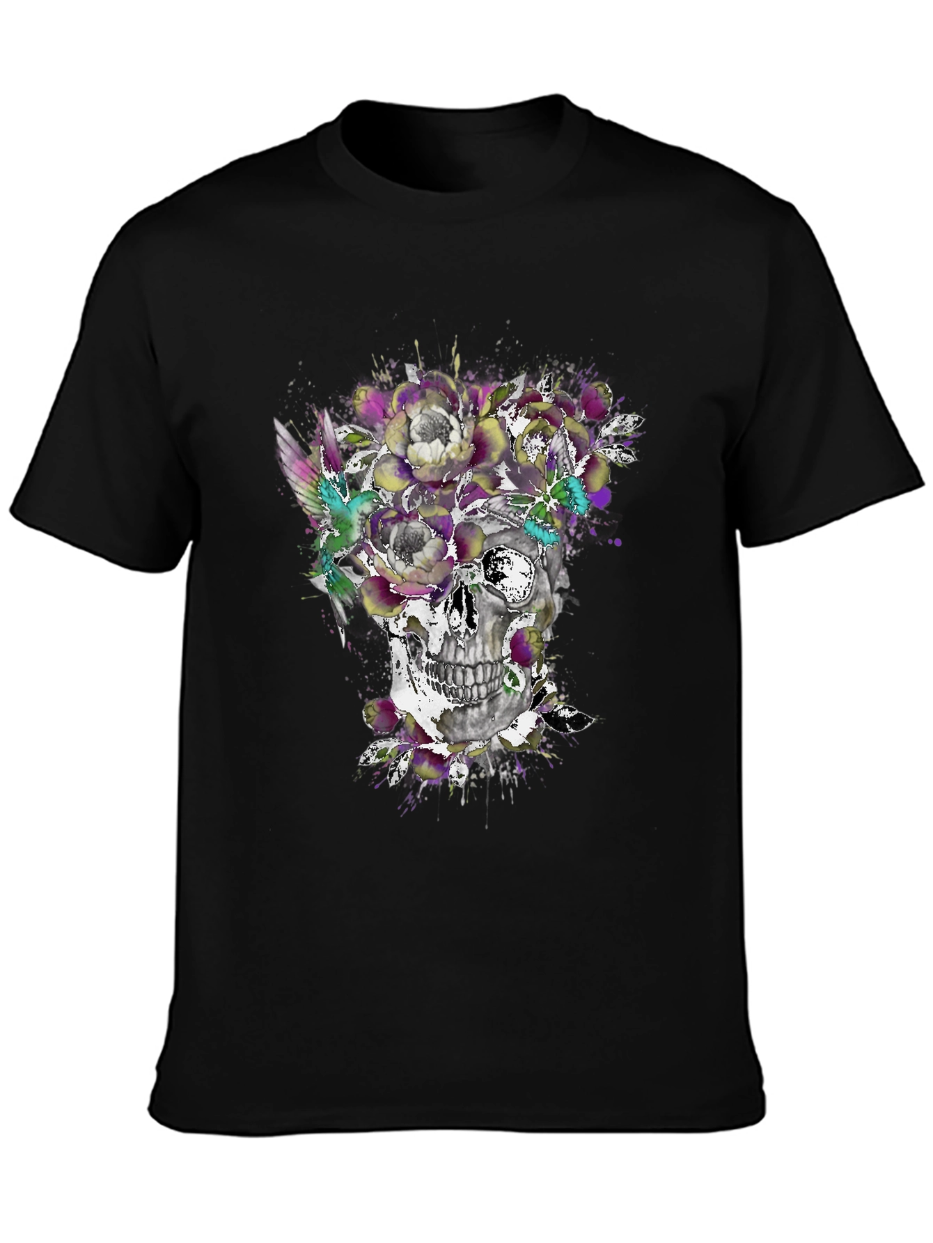 Skull & Floral Graphic Tee - Mens Black T-Shirt