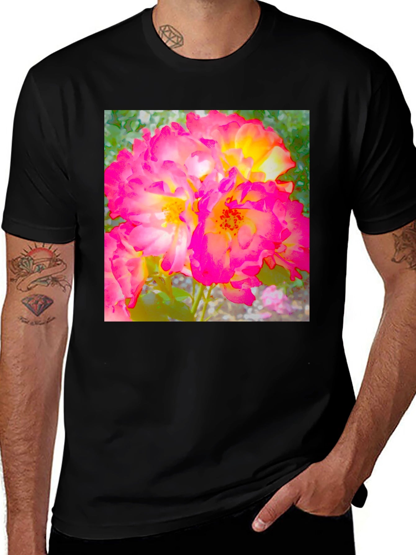 Floral Print Black T-Shirt - Bold & Vibrant Design