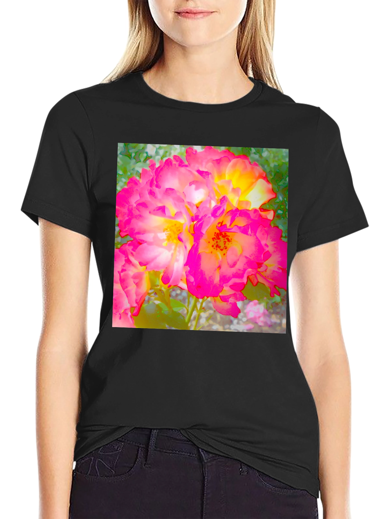 Floral Print Black T-Shirt - Bold & Vibrant Design