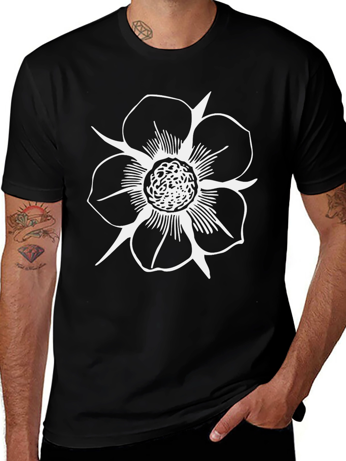 Black T-Shirt with White Flower Design