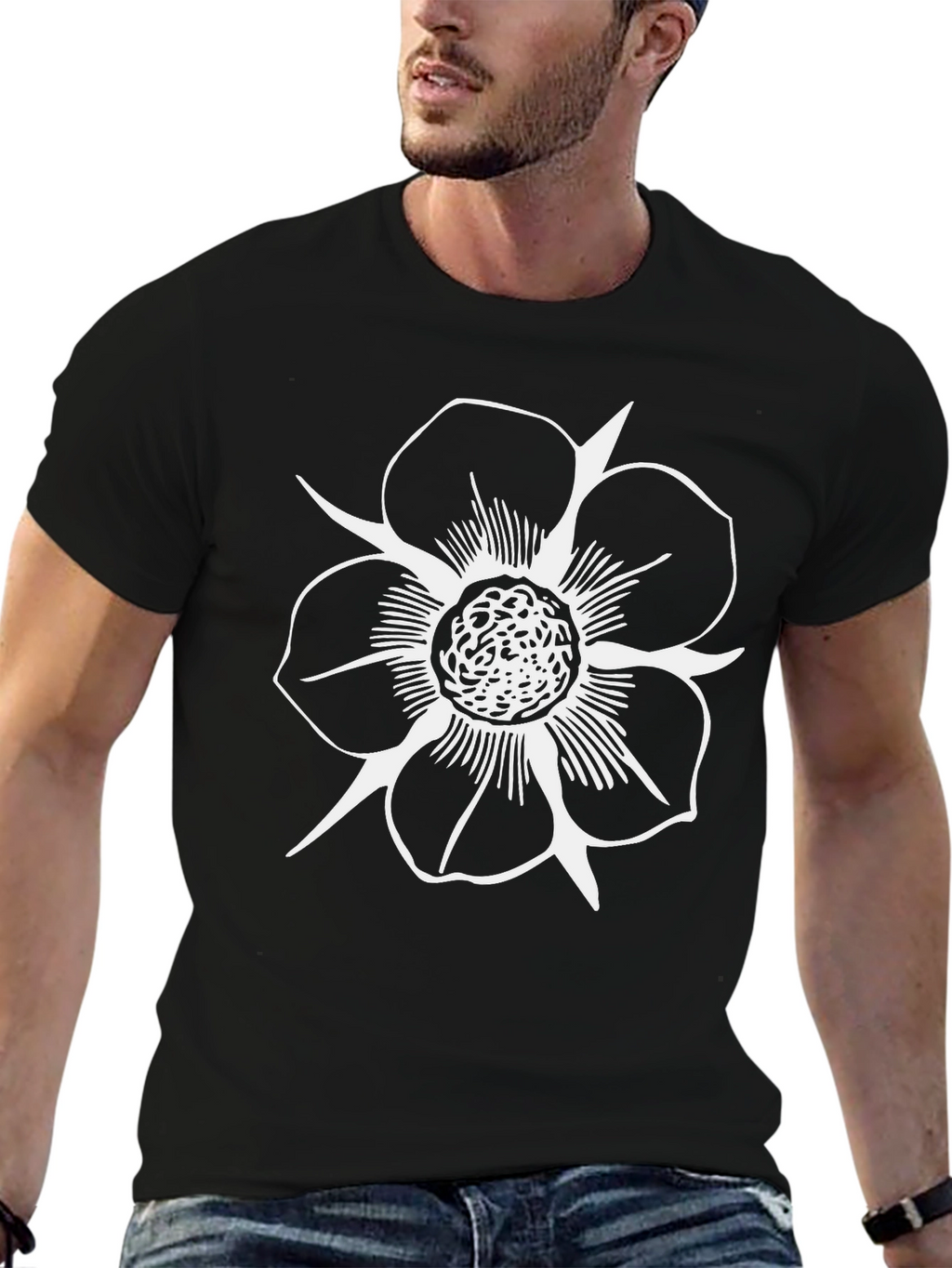 Black T-Shirt with White Flower Design