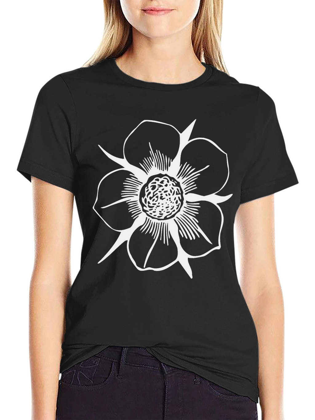 Black T-Shirt with White Flower Design