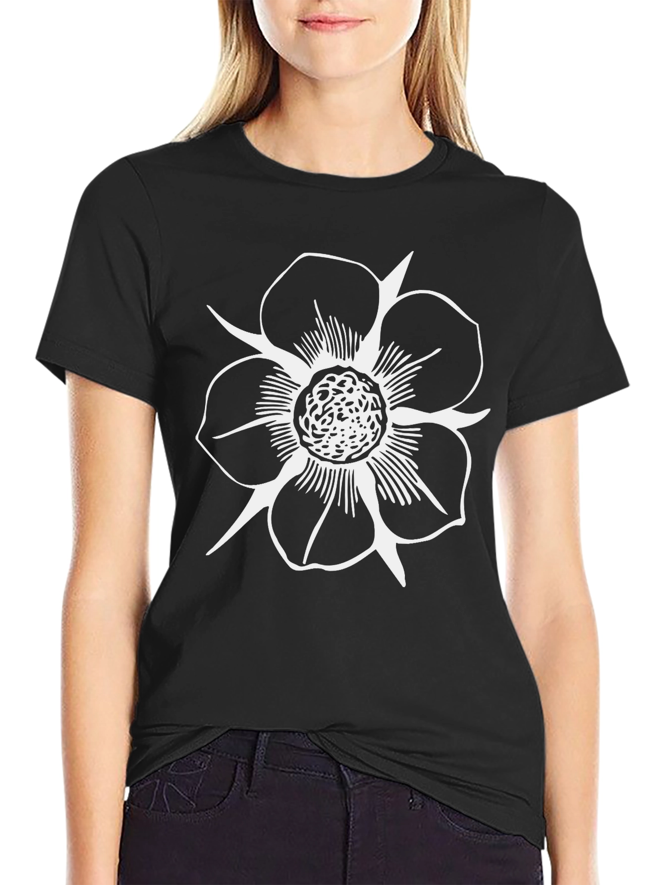 Black T-Shirt with White Flower Design