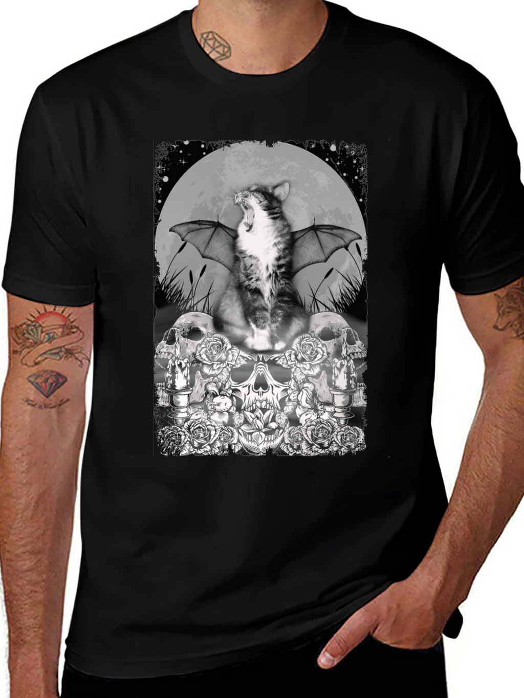 Cat Bat Skull T-Shirt - Gothic Graphic Tee