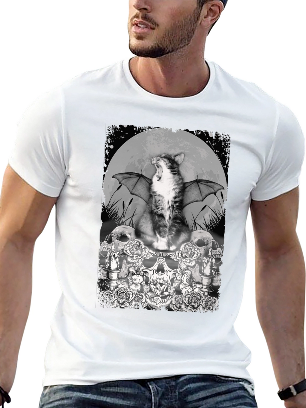 Cat Bat Skull T-Shirt - Gothic Graphic Tee