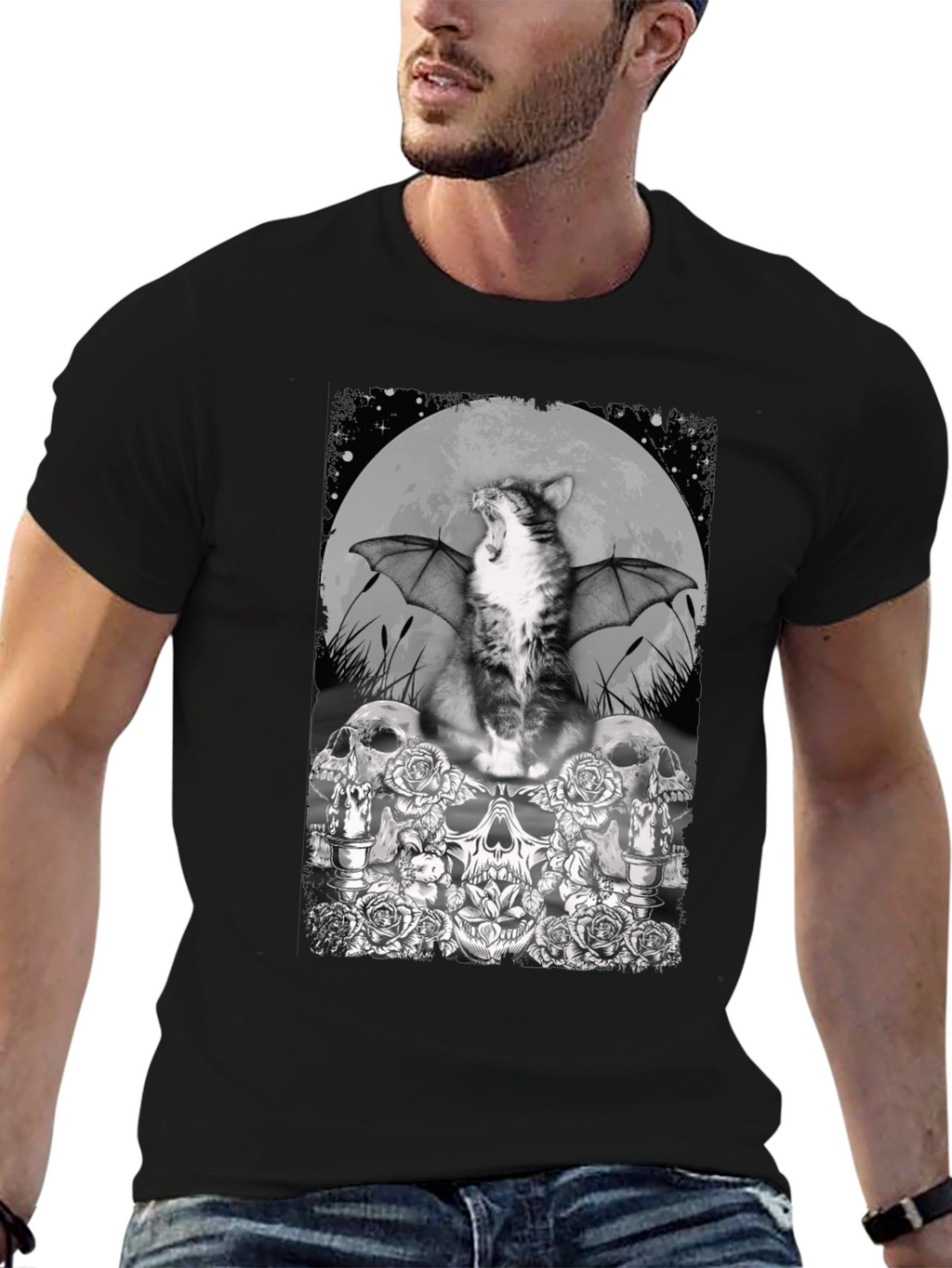 Cat Bat Skull T-Shirt - Gothic Graphic Tee