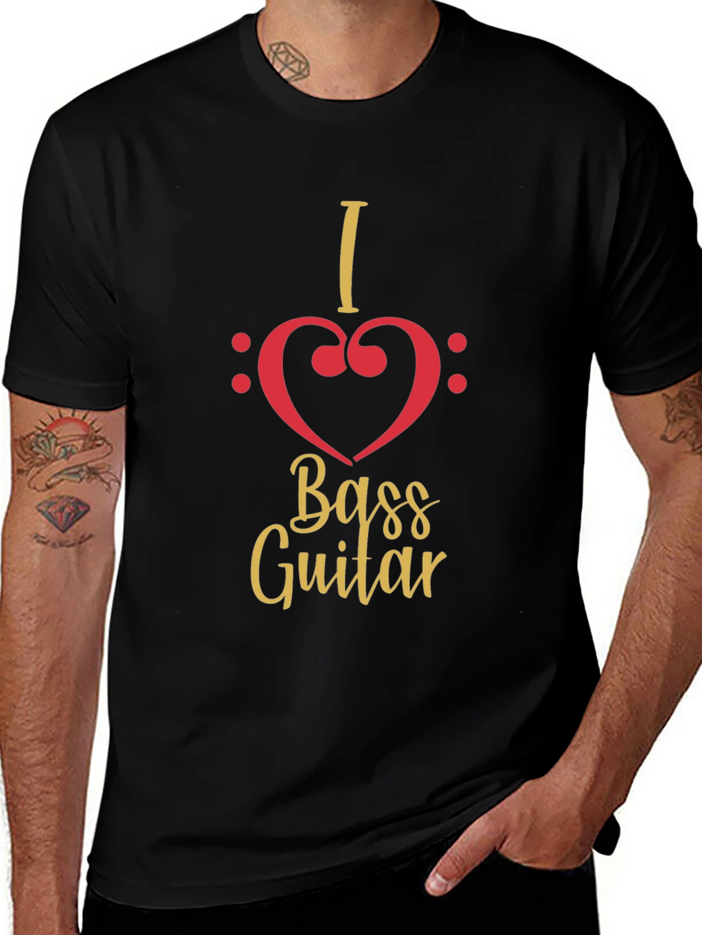 I Heart Bass Guitar Black T-Shirt