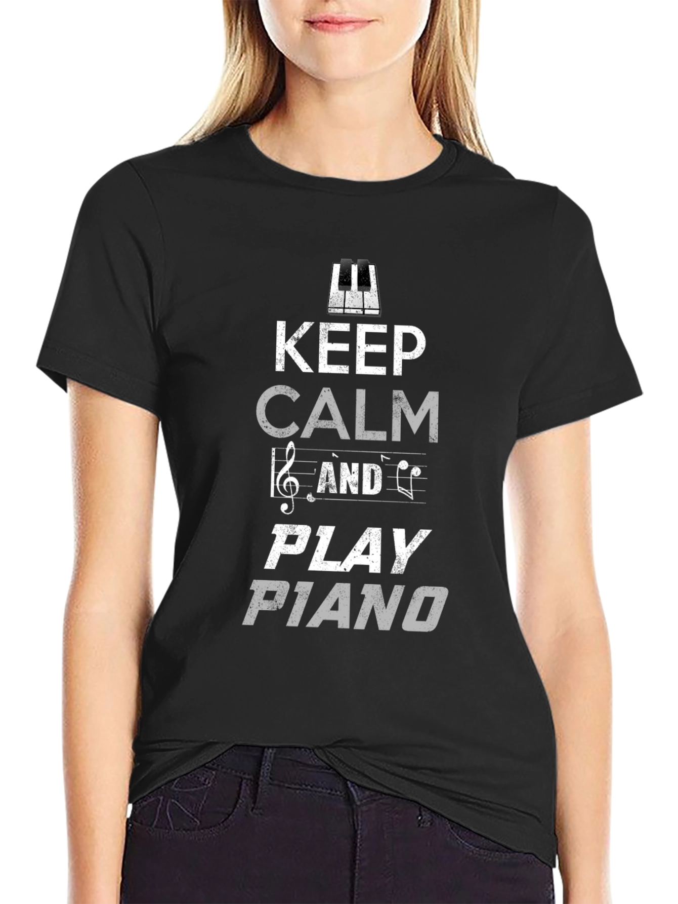 Keep Calm and Play Piano Black Graphic Tee