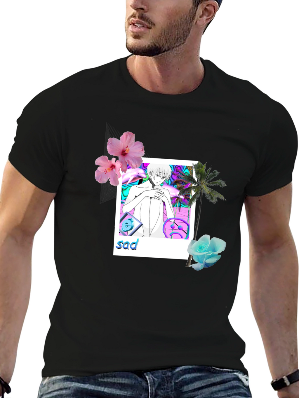 Aesthetic Sad Anime Graphic Tee - Black