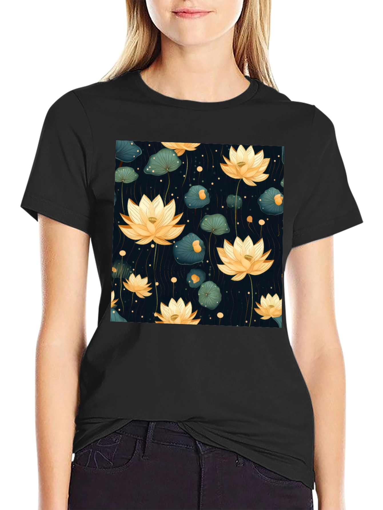 Lotus Flower Graphic Tee - Stylish Black T-Shirt